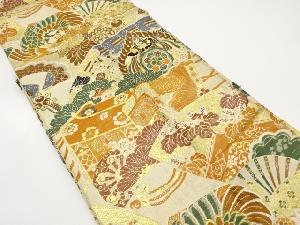 アンティーク　桧扇に御所車・桐・菊模様織り出し名古屋帯（材料）